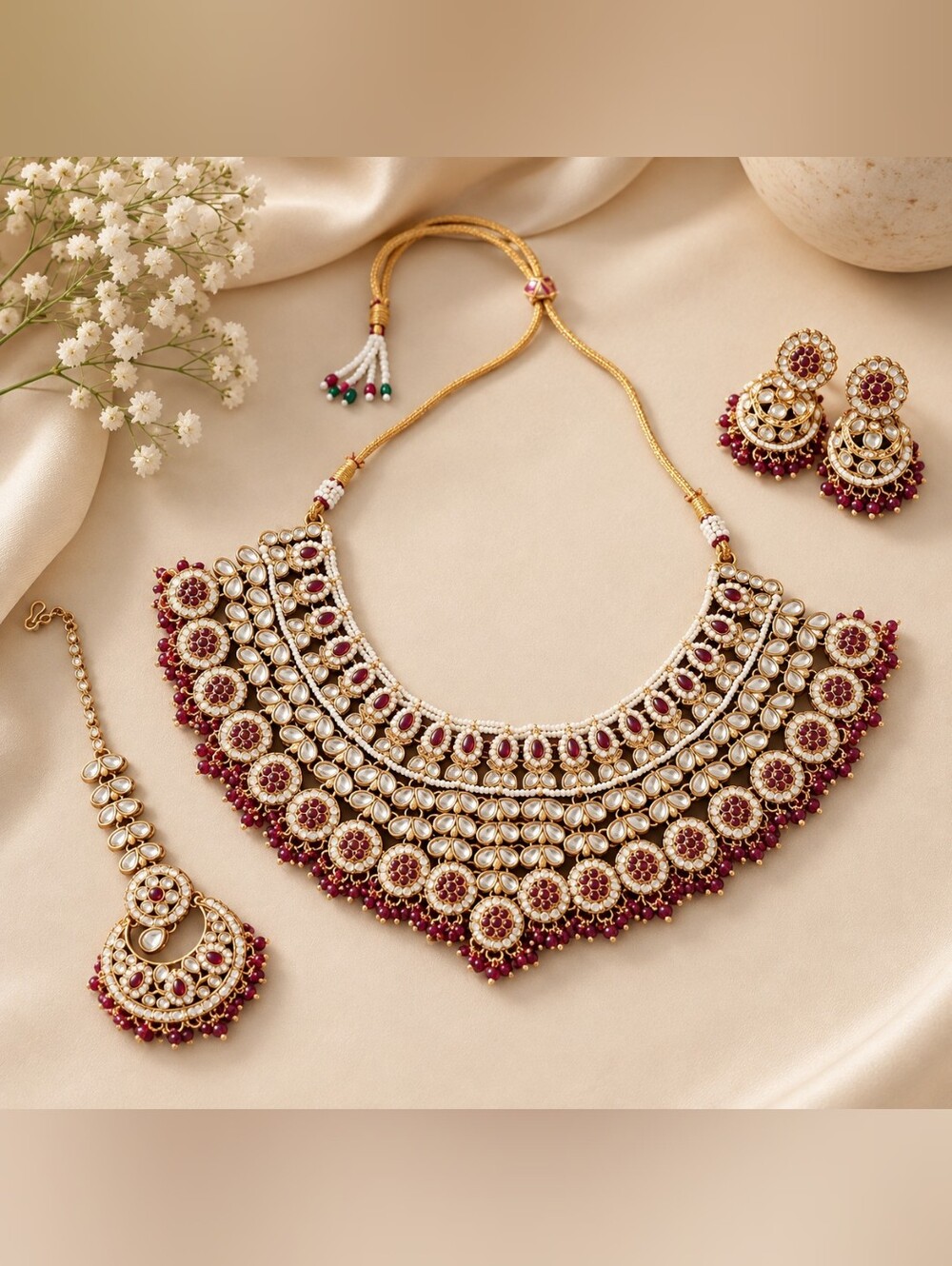 Maroon Kundan Statement Jewelry Set with Jhumka Earrings & Maang Tikka